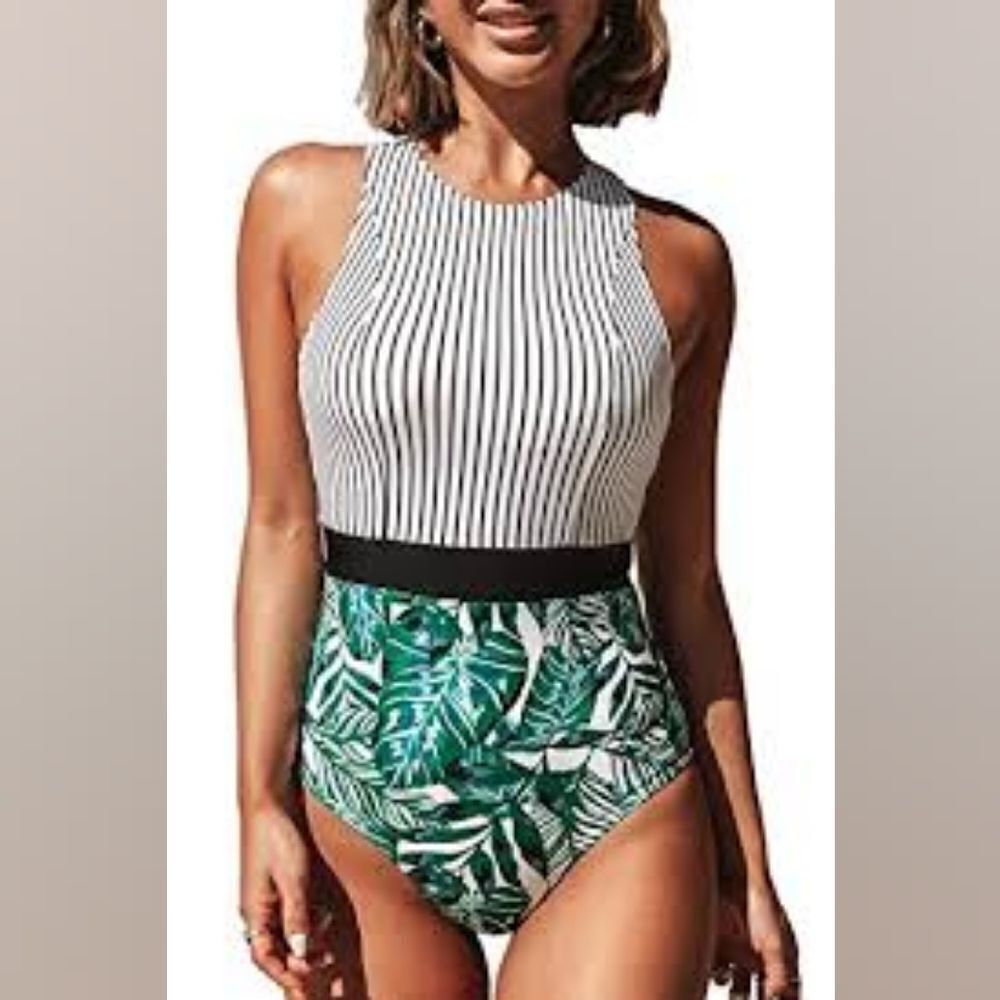Cupshe 1-piece Bathing Suit Black/White Stripe,Green Tropical Bottom, Small, NWT